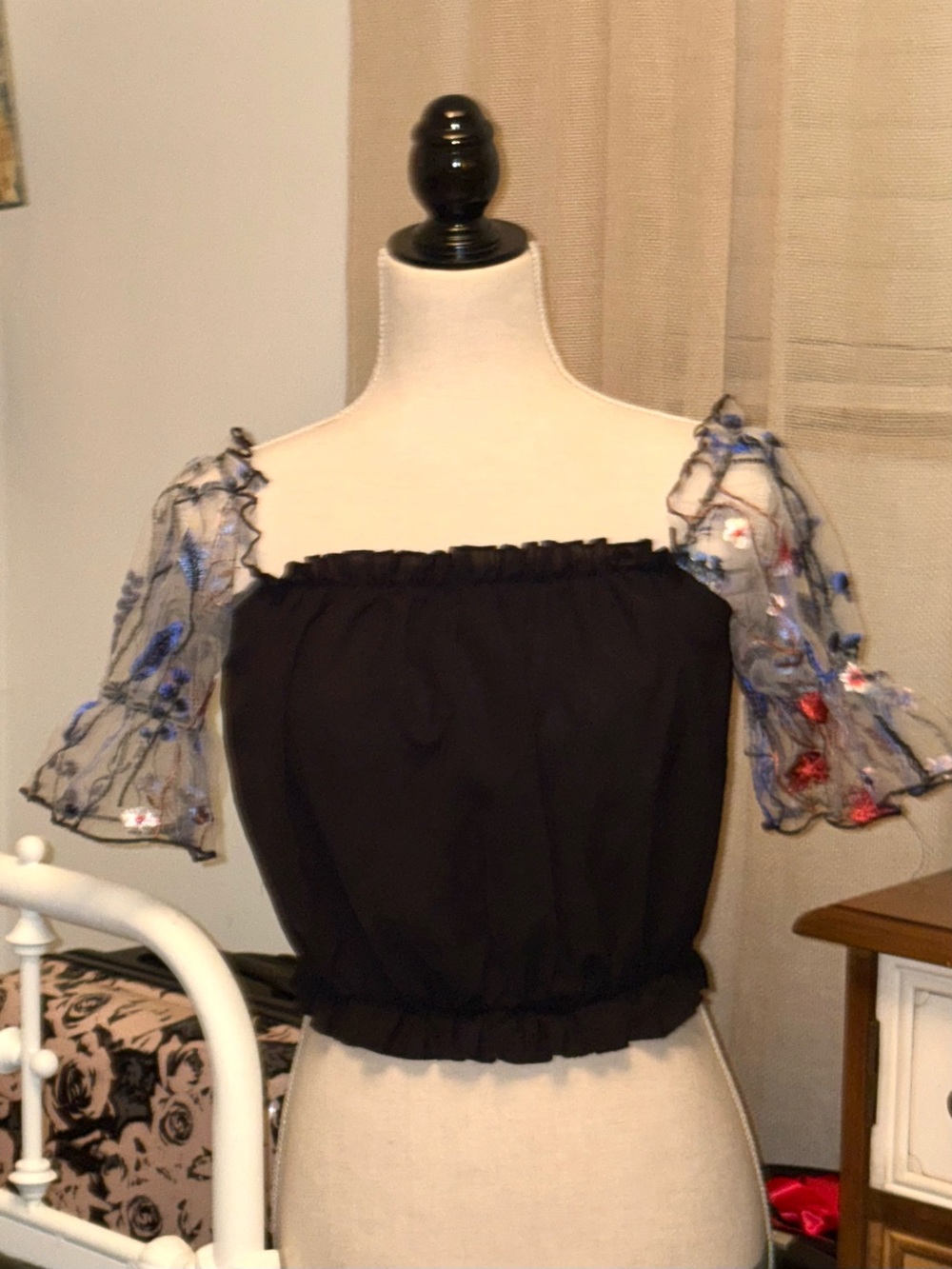 SHEIN Black Smocked Crop Top with Embroidered Sheer Puff Sleeve